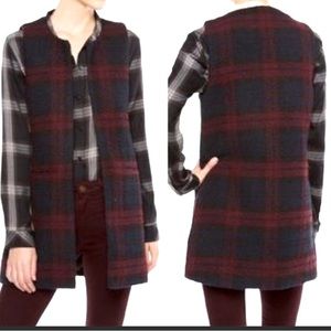 EUC Sanctuary fully lined Long plaid Cecilia vest Navy/burgundy/black- pockets